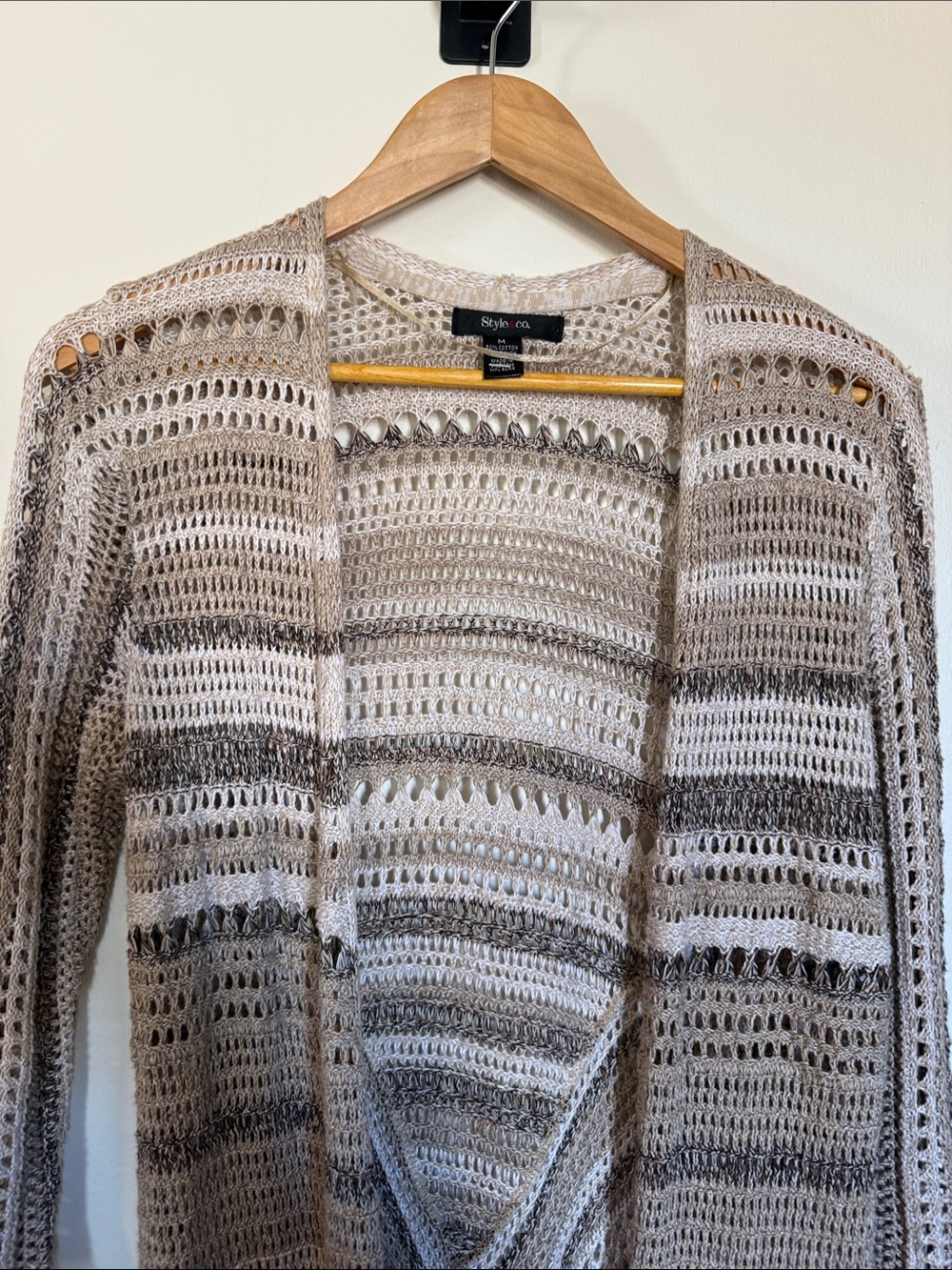 Style & Co Tan Multi Stripe Crochet Open Front Cardigan Medium Womens Pointelle - Picture 5 of 11